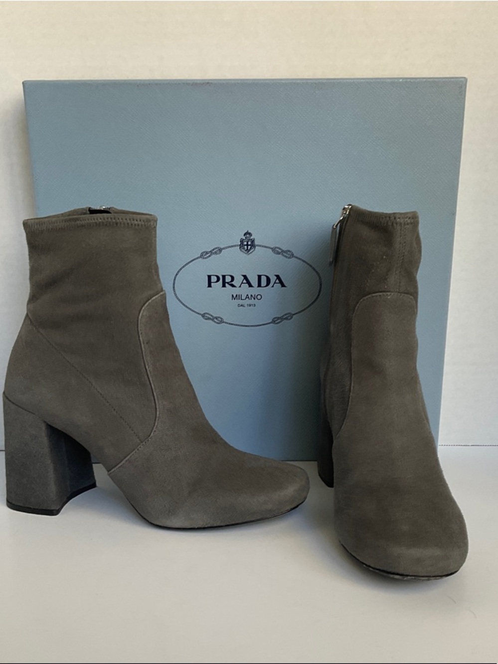 Prada Gray Suede Chunky Heel Ankle Boots